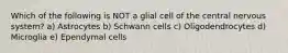 Which of the following is NOT a glial cell of the central nervous system? a) Astrocytes b) Schwann cells c) Oligodendrocytes d) Microglia e) Ependymal cells