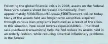 Following the global financial crisis in​ 2008, assets on the Federal​ Reserve's balance sheet increased​ dramatically, from approximately​ 800 billion at the end of 2007 to over​4 trillion today. Many of the assets held are​ longer-term securities acquired through various loan programs instituted as a result of the crisis. In this​ situation, how could reverse reposLOADING... ​(matched sale-purchase ​transactions) help the Fed reduce its assets held in an orderly​ fashion, while reducing potential inflationary problems in the​ future?