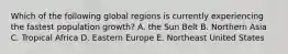 Which of the following global regions is currently experiencing the fastest population growth? A. the Sun Belt B. Northern Asia C. Tropical Africa D. Eastern Europe E. Northeast United States