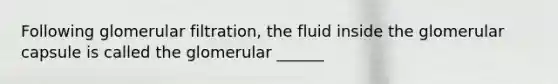 Following glomerular filtration, the fluid inside the glomerular capsule is called the glomerular ______