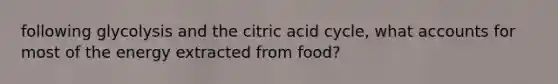 following glycolysis and the citric acid cycle, what accounts for most of the energy extracted from food?