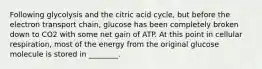 Following glycolysis and the citric acid cycle, but before the electron transport chain, glucose has been completely broken down to CO2 with some net gain of ATP. At this point in cellular respiration, most of the energy from the original glucose molecule is stored in ________.