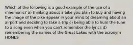 Which of the following is a good example of the use of a mnemonic? a) thinking about a bike you plan to buy and having the image of the bike appear in your mind b) dreaming about an airport and deciding to take a trip c) being able to hum the tune to a song even when you can't remember the lyrics d) remembering the names of the Great Lakes with the acronym HOMES