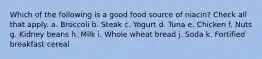 Which of the following is a good food source of niacin? Check all that apply. a. Broccoli b. Steak c. Yogurt d. Tuna e. Chicken f. Nuts g. Kidney beans h. Milk i. Whole wheat bread j. Soda k. Fortified breakfast cereal