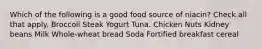Which of the following is a good food source of niacin? Check all that apply. Broccoli Steak Yogurt Tuna. Chicken Nuts Kidney beans Milk Whole-wheat bread Soda Fortified breakfast cereal