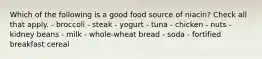 Which of the following is a good food source of niacin? Check all that apply. - broccoli - steak - yogurt - tuna - chicken - nuts - kidney beans - milk - whole-wheat bread - soda - fortified breakfast cereal