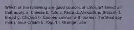 Which of the following are good sources of calcium? Select all that apply. a. Cheese b. Tofu c. Pasta d. Almonds e. Broccoli f. Bread g. Chicken h. Canned salmon with bones i. Fortified soy milk j. Sour Cream k. Yogurt l. Orange juice