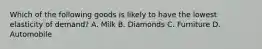 Which of the following goods is likely to have the lowest elasticity of demand? A. Milk B. Diamonds C. Furniture D. Automobile