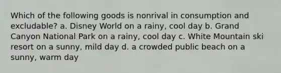 Which of the following goods is nonrival in consumption and excludable? a. Disney World on a rainy, cool day b. Grand Canyon National Park on a rainy, cool day c. White Mountain ski resort on a sunny, mild day d. a crowded public beach on a sunny, warm day