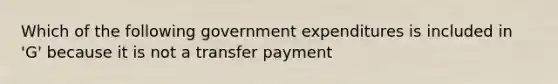 Which of the following government expenditures is included in 'G' because it is not a transfer payment