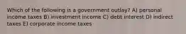 Which of the following is a government outlay? A) personal income taxes B) investment income C) debt interest D) indirect taxes E) corporate income taxes