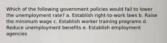 Which of the following government policies would fail to lower the <a href='https://www.questionai.com/knowledge/kh7PJ5HsOk-unemployment-rate' class='anchor-knowledge'>unemployment rate</a>? a. Establish right-to-work laws b. Raise the minimum wage c. Establish worker training programs d. Reduce unemployment benefits e. Establish employment agencies