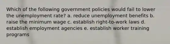 Which of the following government policies would fail to lower the unemployment rate? a. reduce unemployment benefits b. raise the minimum wage c. establish right-to-work laws d. establish employment agencies e. establish worker training programs