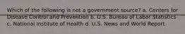 Which of the following is not a government source? a. Centers for Disease Control and Prevention b. U.S. Bureau of Labor Statistics c. National Institute of Health d. U.S. News and World Report