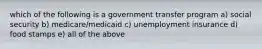 which of the following is a government transfer program a) social security b) medicare/medicaid c) unemployment insurance d) food stamps e) all of the above