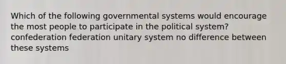 Which of the following governmental systems would encourage the most people to participate in the political system? confederation federation unitary system no difference between these systems