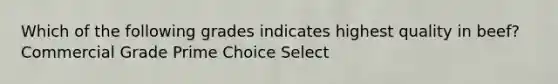 Which of the following grades indicates highest quality in beef? Commercial Grade Prime Choice Select