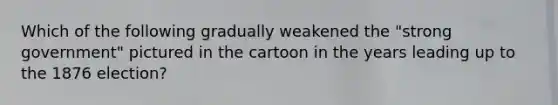 Which of the following gradually weakened the "strong government" pictured in the cartoon in the years leading up to the 1876 election?
