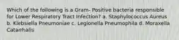 Which of the following is a Gram- Positive bacteria responsible for Lower Respiratory Tract Infection? a. Staphylococcus Aureus b. Klebsiella Pneumoniae c. Legionella Pneumophila d. Moraxella Catarrhalis