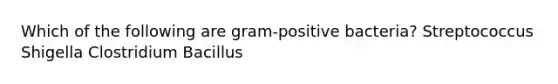 Which of the following are gram-positive bacteria? Streptococcus Shigella Clostridium Bacillus