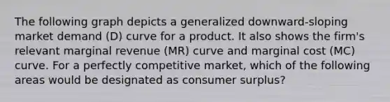 The following graph depicts a generalized downward-sloping market demand (D) curve for a product. It also shows the firm's relevant marginal revenue (MR) curve and marginal cost (MC) curve. For a perfectly competitive market, which of the following areas would be designated as consumer surplus?