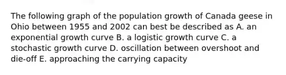 The following graph of the population growth of Canada geese in Ohio between 1955 and 2002 can best be described as A. an exponential growth curve B. a logistic growth curve C. a stochastic growth curve D. oscillation between overshoot and die-off E. approaching the carrying capacity