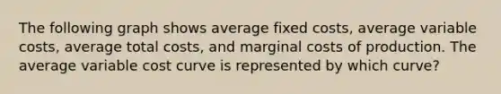 The following graph shows average fixed costs, average variable costs, average total costs, and marginal costs of production. The average variable cost curve is represented by which curve?