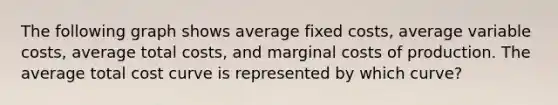 The following graph shows average fixed costs, average variable costs, average total costs, and marginal costs of production. The average total cost curve is represented by which curve?