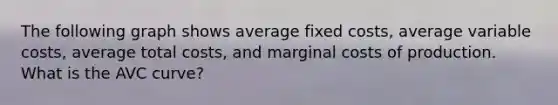 The following graph shows average fixed costs, average variable costs, average total costs, and marginal costs of production. What is the AVC curve?