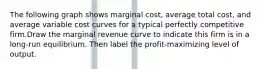 The following graph shows marginal cost, average total cost, and average variable cost curves for a typical perfectly competitive firm.Draw the marginal revenue curve to indicate this firm is in a long-run equilibrium. Then label the profit-maximizing level of output.