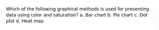 Which of the following graphical methods is used for presenting data using color and saturation? a. Bar chart b. Pie chart c. Dot plot d. Heat map