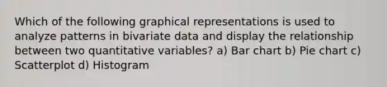 Which of the following graphical representations is used to analyze patterns in bivariate data and display the relationship between two quantitative variables? a) Bar chart b) Pie chart c) Scatterplot d) Histogram