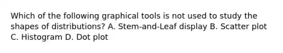 Which of the following graphical tools is not used to study the shapes of distributions? A. Stem-and-Leaf display B. Scatter plot C. Histogram D. Dot plot