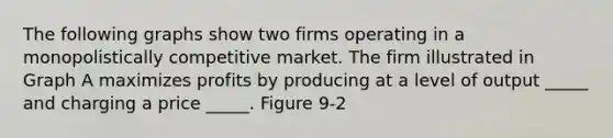 The following graphs show two firms operating in a monopolistically competitive market. The firm illustrated in Graph A maximizes profits by producing at a level of output _____ and charging a price _____. Figure 9-2