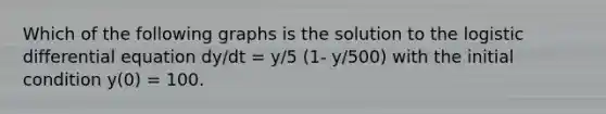 Which of the following graphs is the solution to the logistic differential equation dy/dt = y/5 (1- y/500) with the initial condition y(0) = 100.