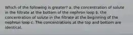 Which of the following is greater? a. the concentration of solute in the filtrate at the bottom of the nephron loop b. the concentration of solute in the filtrate at the beginning of the nephron loop c. The concentrations at the top and bottom are identical.