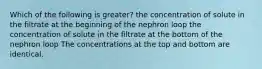 Which of the following is greater? the concentration of solute in the filtrate at the beginning of the nephron loop the concentration of solute in the filtrate at the bottom of the nephron loop The concentrations at the top and bottom are identical.