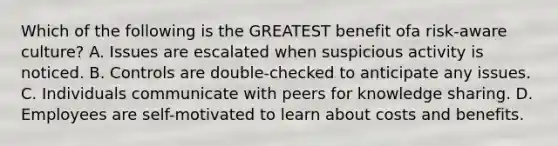 Which of the following is the GREATEST benefit ofa risk-aware culture? A. Issues are escalated when suspicious activity is noticed. B. Controls are double-checked to anticipate any issues. C. Individuals communicate with peers for knowledge sharing. D. Employees are self-motivated to learn about costs and benefits.