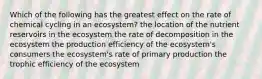 Which of the following has the greatest effect on the rate of chemical cycling in an ecosystem? the location of the nutrient reservoirs in the ecosystem the rate of decomposition in the ecosystem the production efficiency of the ecosystem's consumers the ecosystem's rate of primary production the trophic efficiency of the ecosystem