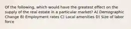 Of the following, which would have the greatest effect on the supply of the real estate in a particular market? A) Demographic Change B) Employment rates C) Local amenities D) Size of labor force