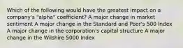 Which of the following would have the greatest impact on a company's "alpha" coefficient? A major change in market sentiment A major change in the Standard and Poor's 500 Index A major change in the corporation's capital structure A major change in the Wilshire 5000 Index