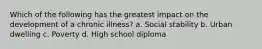 Which of the following has the greatest impact on the development of a chronic illness? a. Social stability b. Urban dwelling c. Poverty d. High school diploma