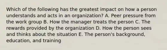 Which of the following has the greatest impact on how a person understands and acts in an organization? A. Peer pressure from the work group B. How the manager treats the person C. The rewards provided by the organization D. How the person sees and thinks about the situation E. The person's background, education, and training