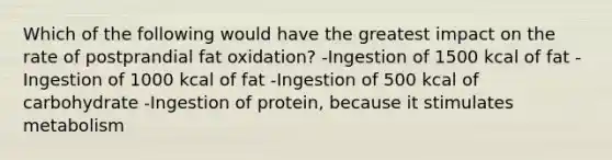 Which of the following would have the greatest impact on the rate of postprandial fat oxidation? -Ingestion of 1500 kcal of fat -Ingestion of 1000 kcal of fat -Ingestion of 500 kcal of carbohydrate -Ingestion of protein, because it stimulates metabolism