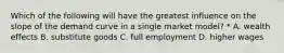 Which of the following will have the greatest influence on the slope of the demand curve in a single market model? * A. wealth effects B. substitute goods C. full employment D. higher wages