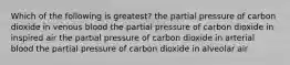 Which of the following is greatest? the partial pressure of carbon dioxide in venous blood the partial pressure of carbon dioxide in inspired air the partial pressure of carbon dioxide in arterial blood the partial pressure of carbon dioxide in alveolar air