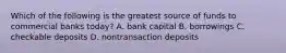 ​Which of the following is the greatest source of funds to commercial banks today? A. bank capital B. borrowings C. checkable deposits D. nontransaction deposits