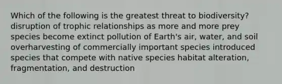 Which of the following is the greatest threat to biodiversity? disruption of trophic relationships as more and more prey species become extinct pollution of Earth's air, water, and soil overharvesting of commercially important species introduced species that compete with native species habitat alteration, fragmentation, and destruction