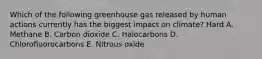 Which of the following greenhouse gas released by human actions currently has the biggest impact on climate? Hard A. Methane B. Carbon dioxide C. Halocarbons D. Chlorofluorocarbons E. Nitrous oxide