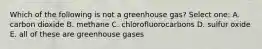 Which of the following is not a greenhouse gas? Select one: A. carbon dioxide B. methane C. chlorofluorocarbons D. sulfur oxide E. all of these are greenhouse gases